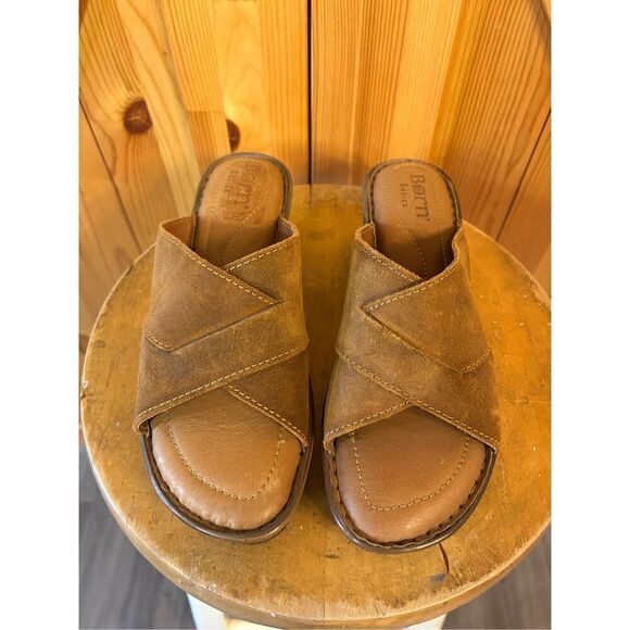 Born Teayo 30506 Women's 8M Brown Suede Leather Slide Wedge Crossover Sandals - Picture 2 of 10